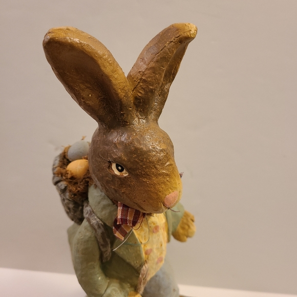 Primitive ChalkWare Tall Bunny Pulling Easter Cart 14" x5" - Picture 2 of 9